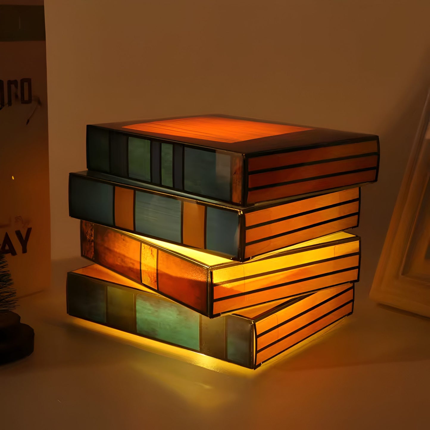 Marveine Mosaic Table Lamp with Stacked Books Design